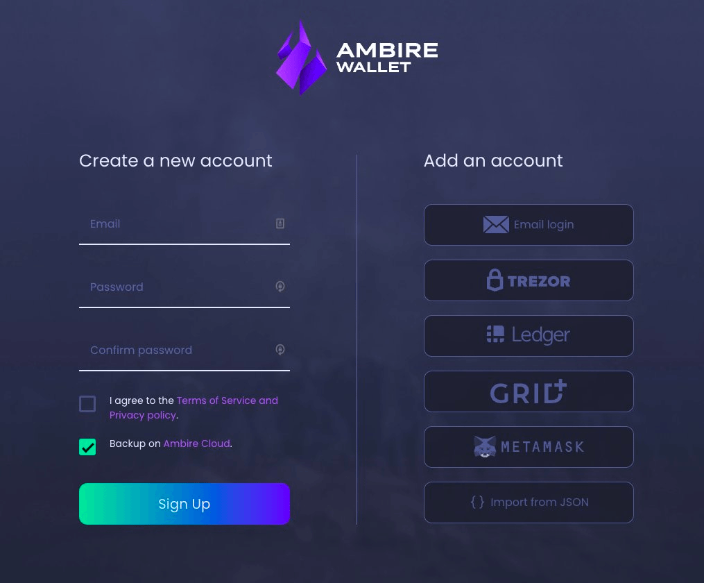 Ambire Wallet login page