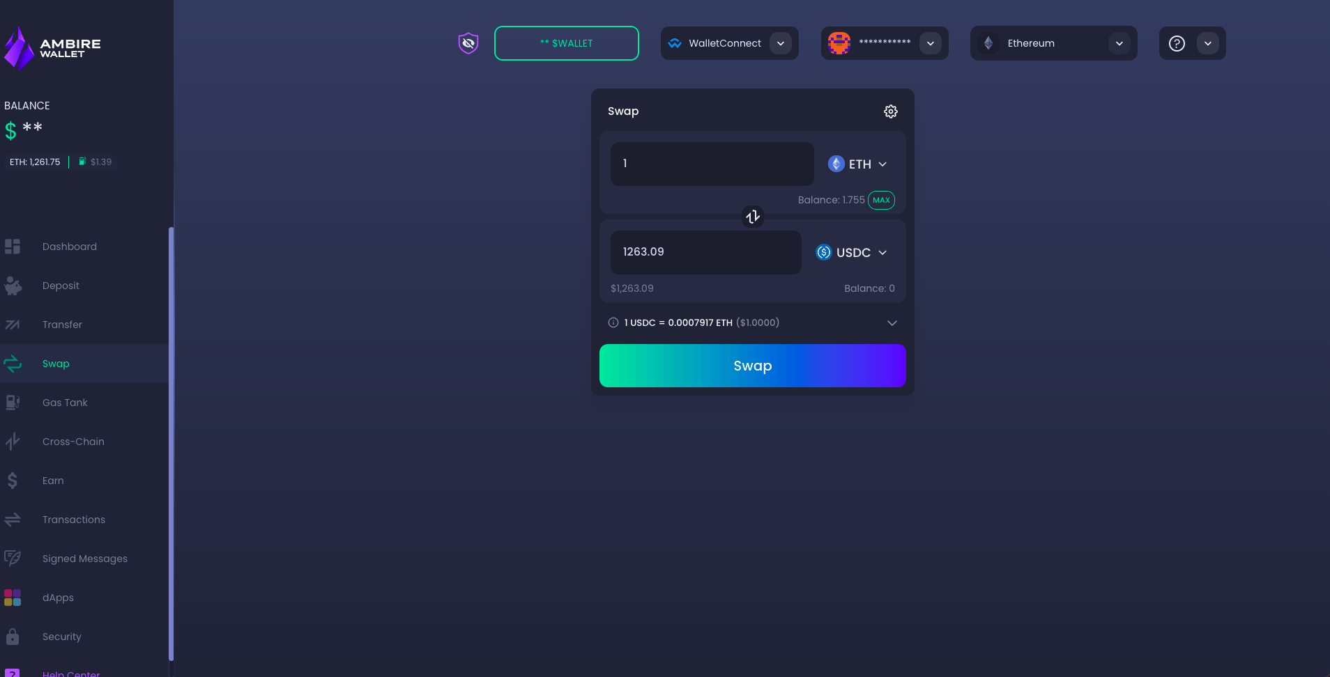 A screenshot of Ambire Wallet's built-in Swap