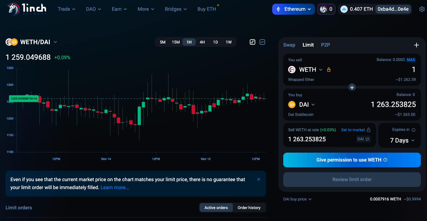 A screenshot of 1inch trading platform