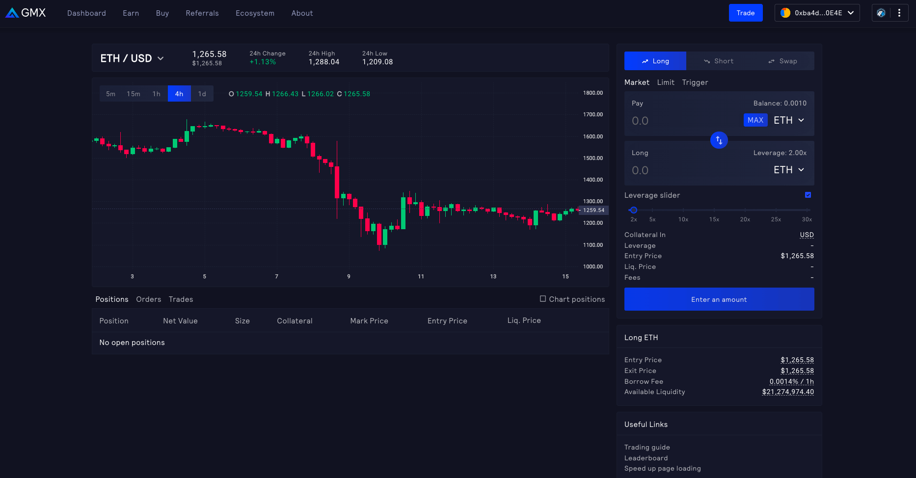 A screenshot of the GMX trading platform
