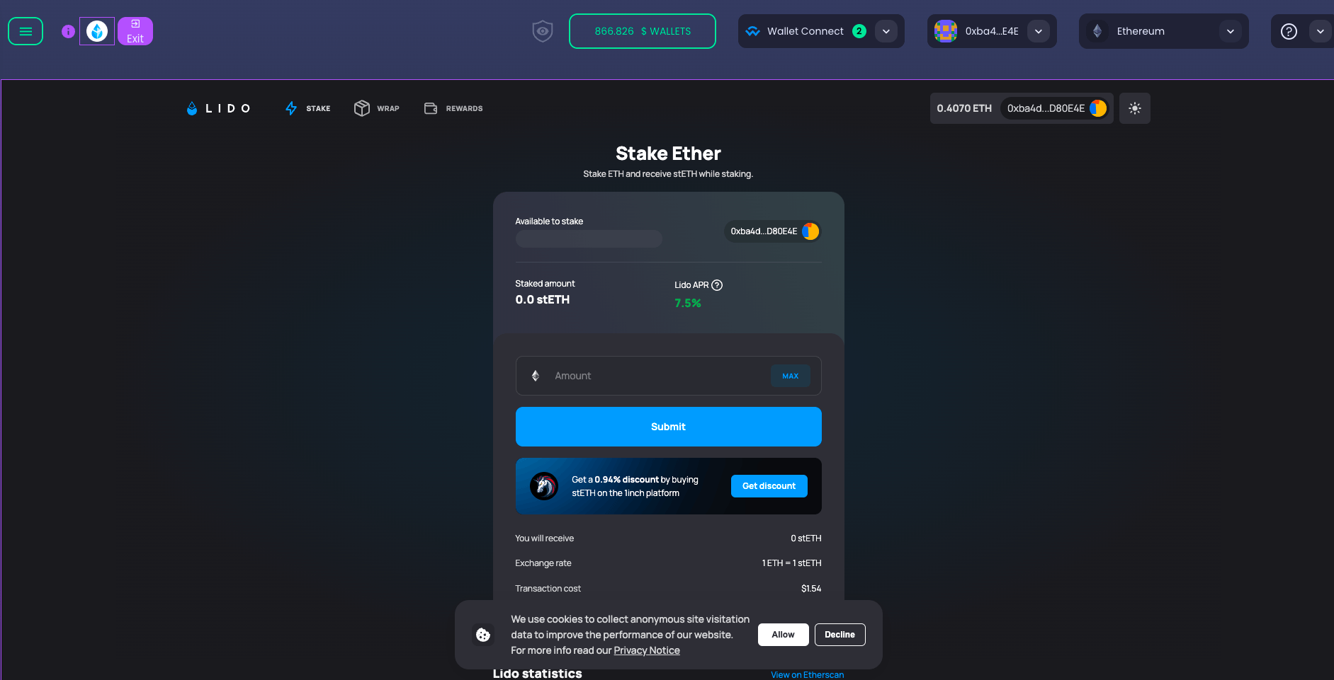 A screenshot of staking ETH on Lido