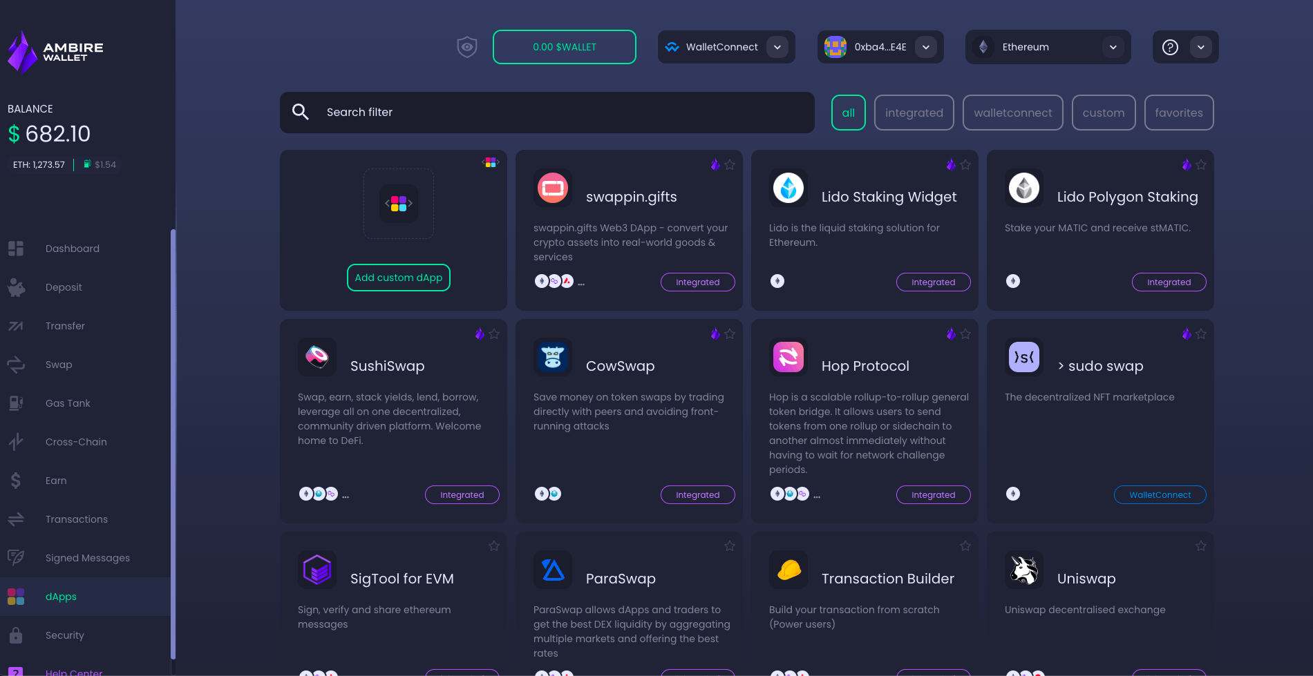 A screenshot of Ambire Wallet's dApp Catalog