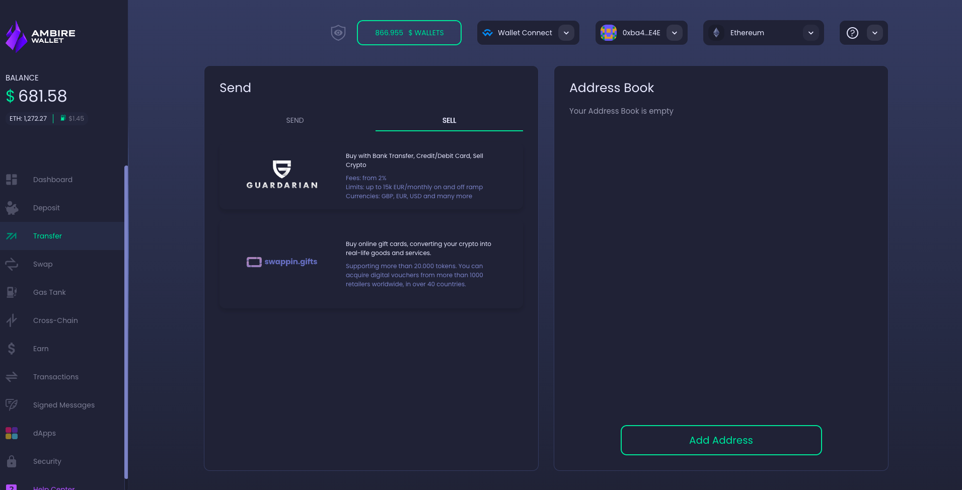 A screenshot of Ambire Wallet's Tranfer tab