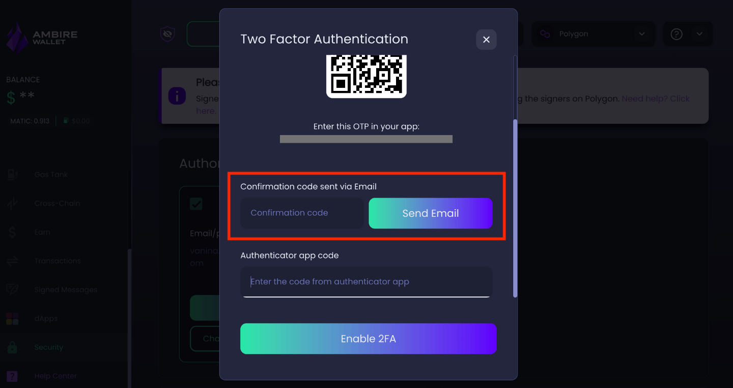 A screenshot of the 2FA window in Ambire Wallet