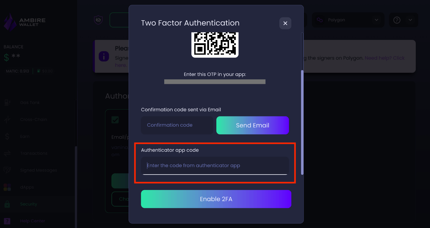 A screenshot of the 2FA modal in Ambire Wallet with the authenticator app code highlighted