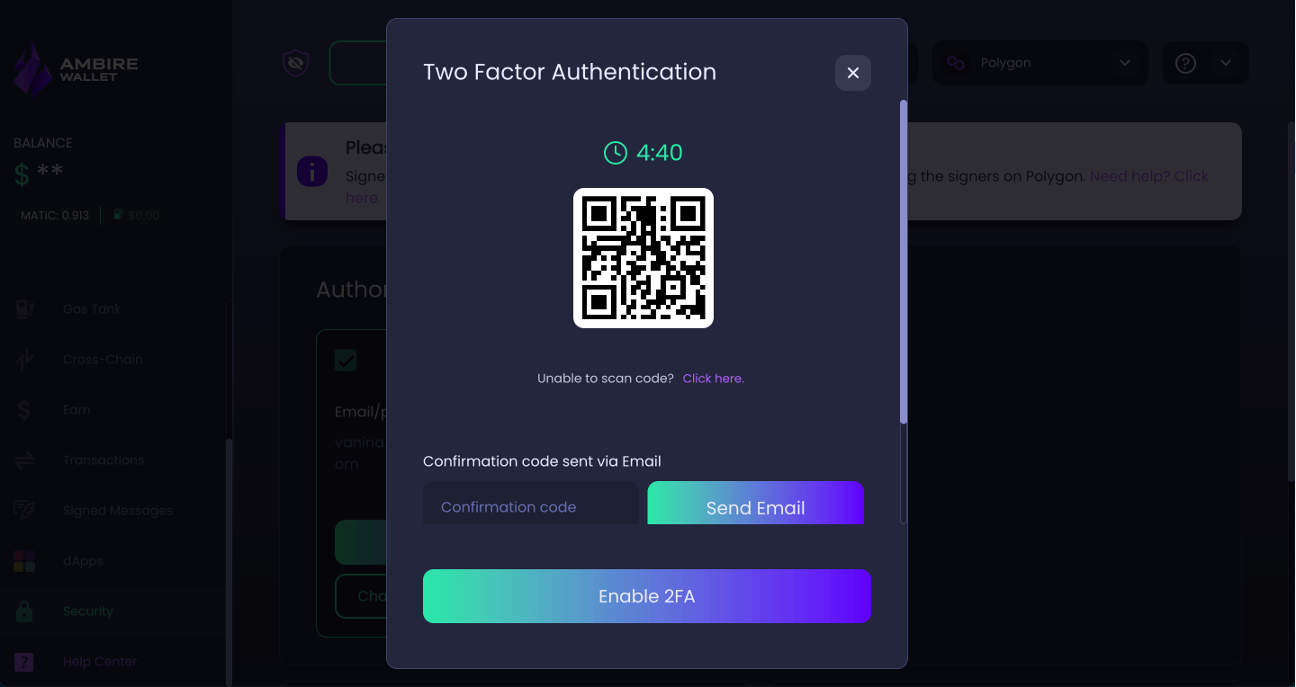 2FA modal in Ambire Wallet with a timer