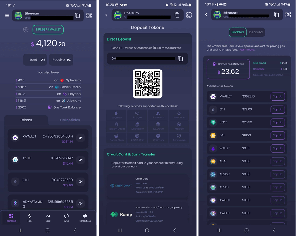 Three screenshots of the Ambire Wallet mobile app next to each other
