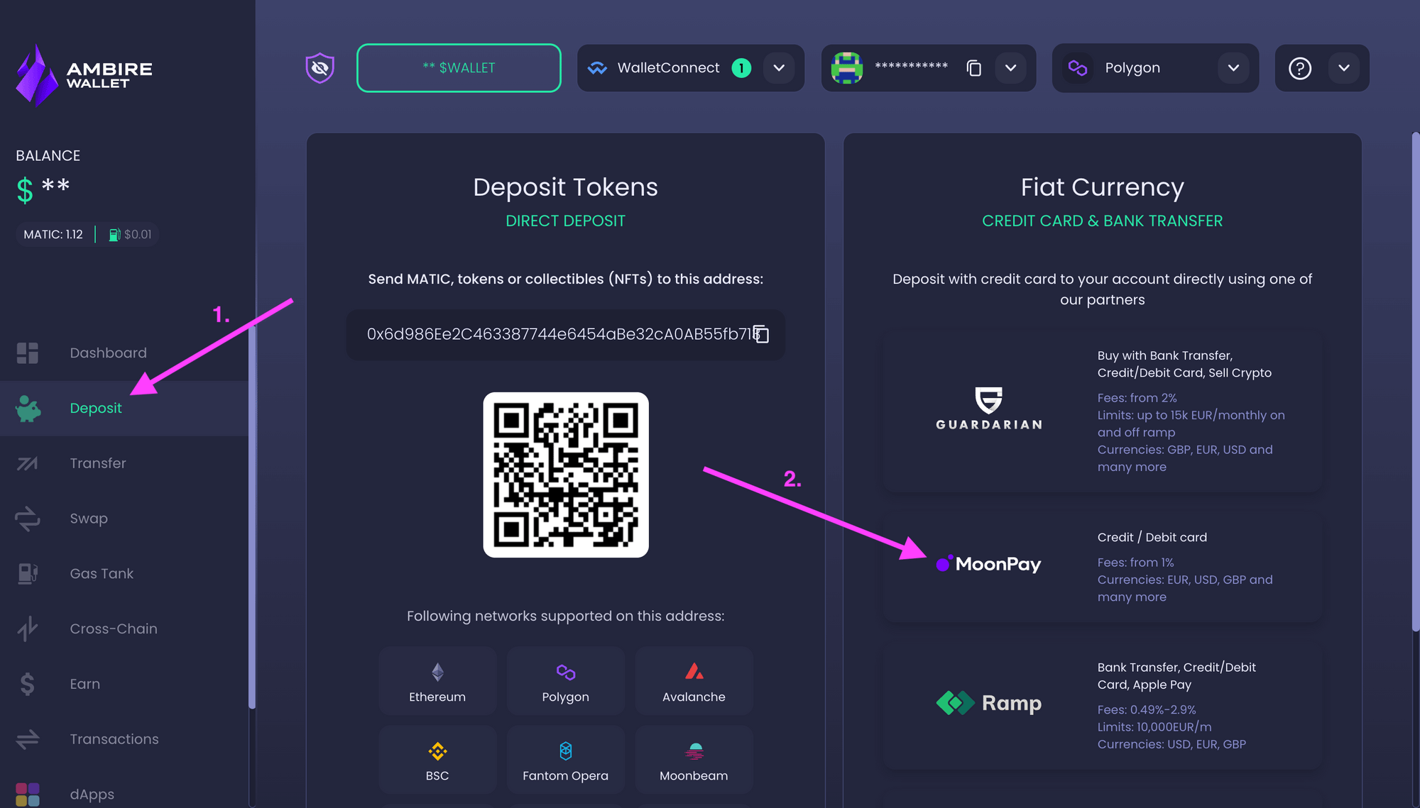 A screenshot illustrating the steps to funding MoonPay crypto on/off-ramp 1 of 2