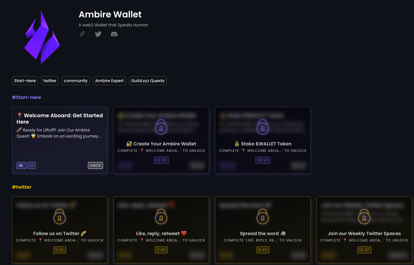 A screenshot of Ambire Wallet's Zealy quest page