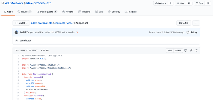 A screenshot of Ambire Wallet (formerly AdEx Wallet) GitHub's page showing the deployment of the first smart contract