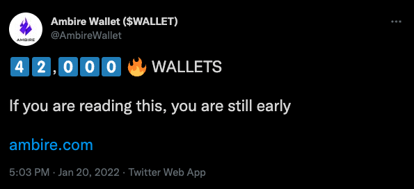A screenshot of a tweet by Ambire Wallet announcing that 42 000 wallets have been created