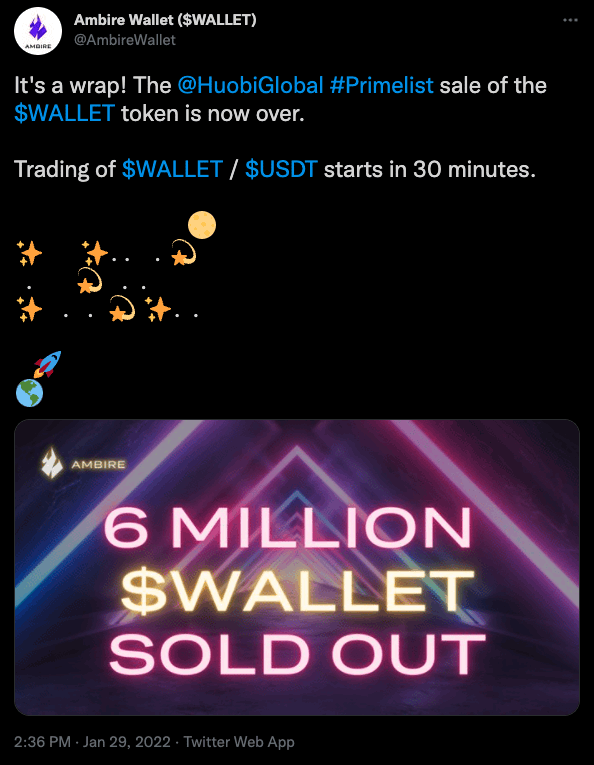 A tweet announcing that the WALLET token sale has ended