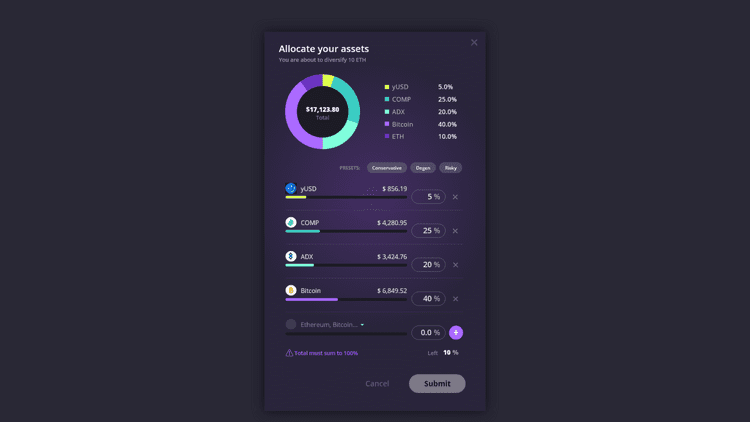 Allocate your assets screen in Ambire Wallet (formerly AdEx Wallet)