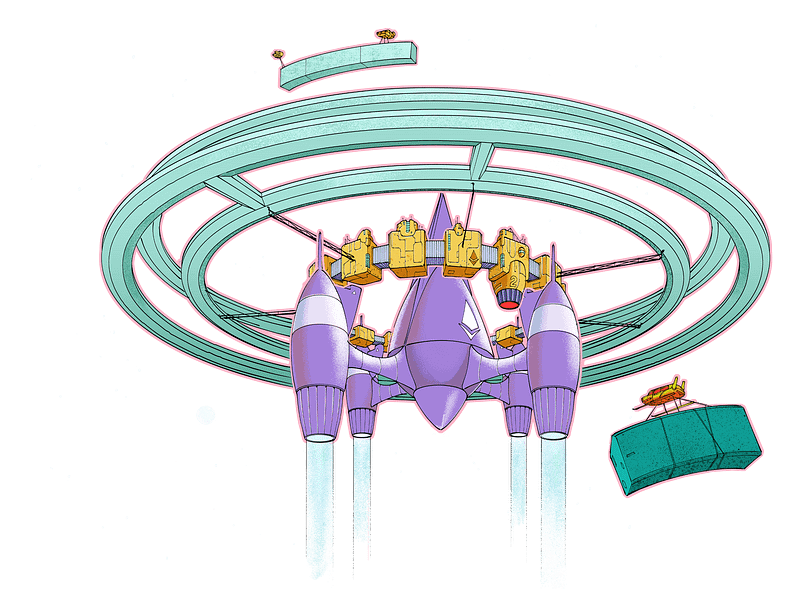 A drawing of a space station with a bunch of objects around it