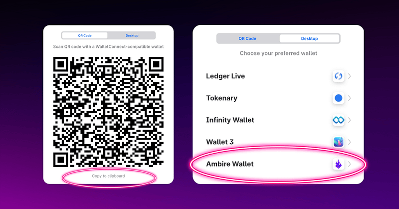 A login screen with a QR code and Ambire Wallet SDK option