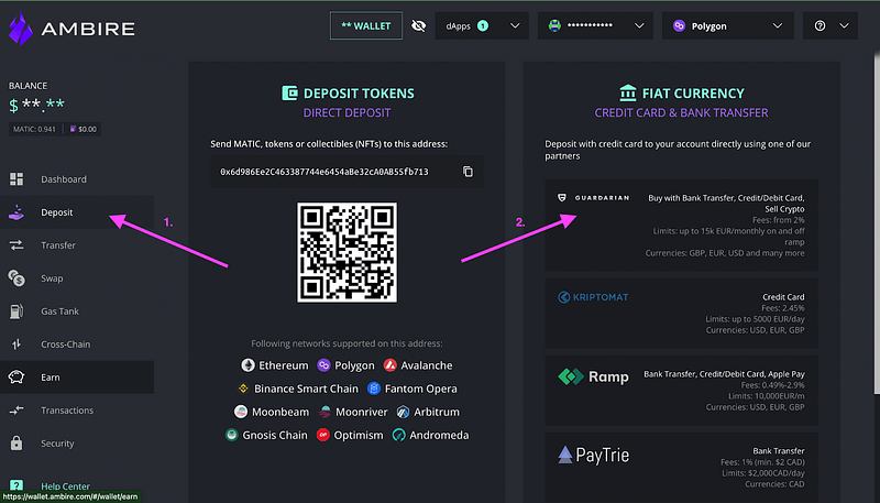 The deposit screen in Ambire Wallet