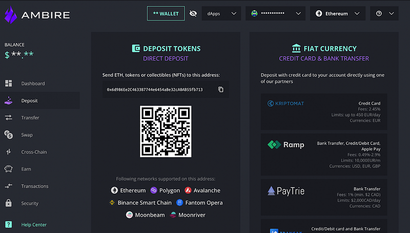 The deposit screen in Ambire Wallet showing an address and QR code for token deposits