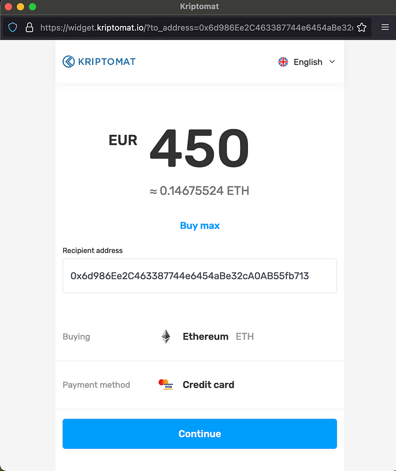 A screenshot showing Kriptiomat crypto on-ramp with ETH purchase taking place
