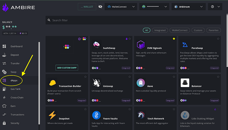 The dApp catalog in Ambire Wallet