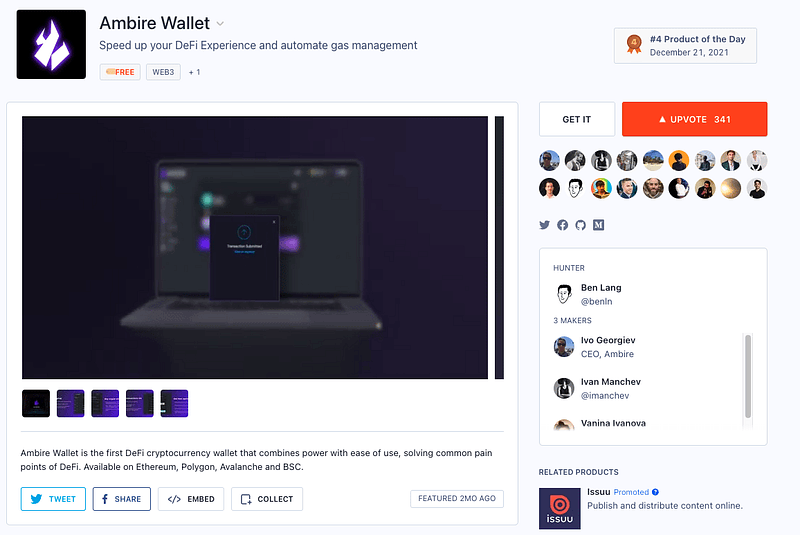 The Ambire Wallet's page on ProductHunt