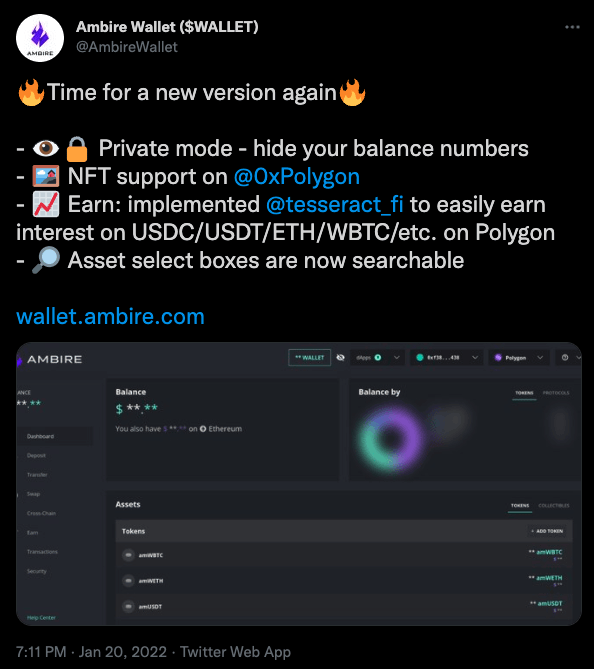 A screenshot of a tweet announcing new features of Ambire Wallet