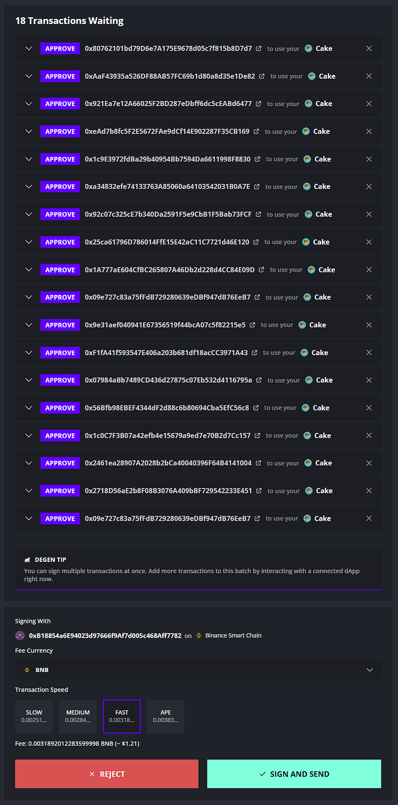 A screenshot showing 18 transactions pending in the Ambire Wallet