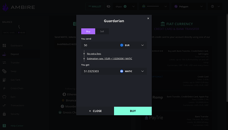 Guardarian crypto on-ramp screen showing a Matic purchase