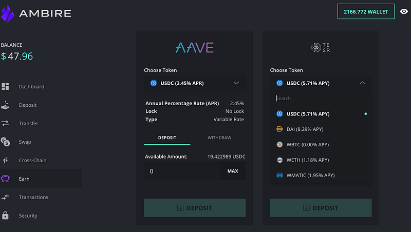 A screenshot of the Earn page in the Ambire wallet