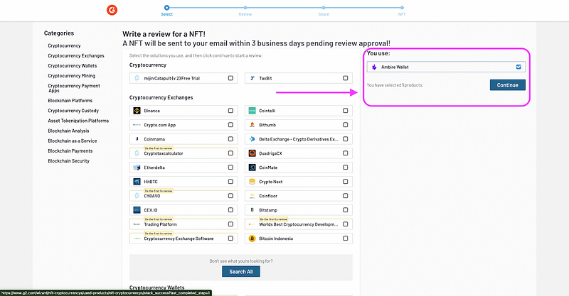 A screenshot of a step in the G2 review process with Ambire Wallet highlighted