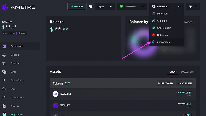 A screenshot of the Ambire Wallet network picker and an arrow pointing at Andromeda