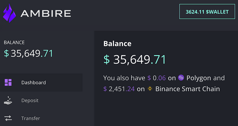 Ambire Wallet dashboard showing wallet's balance