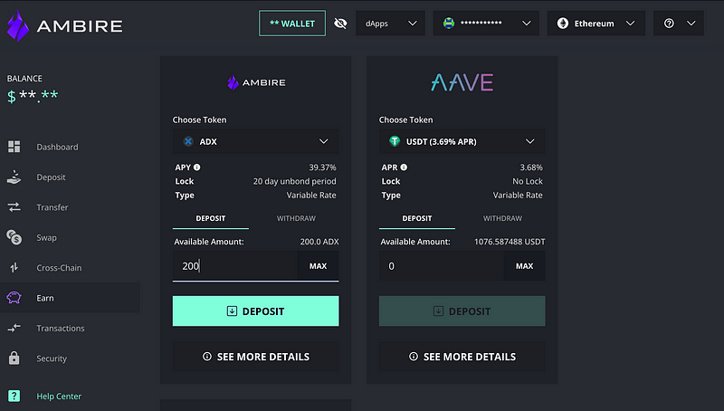 The Earn page in the Ambire Wallet