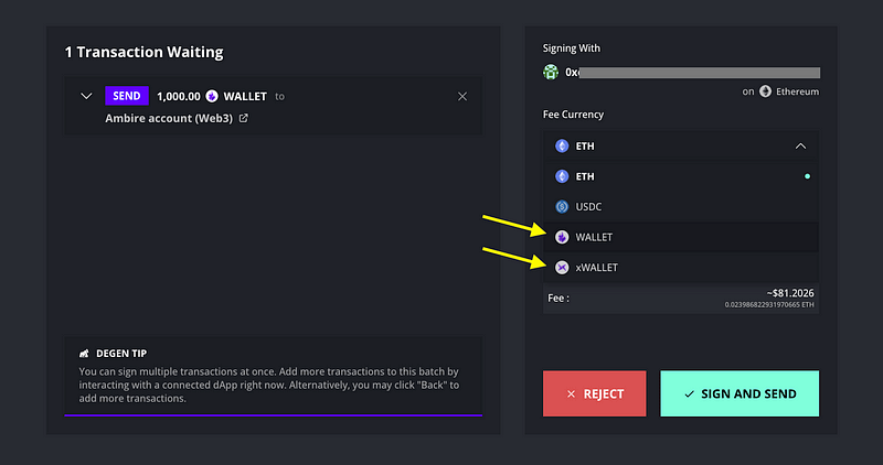 The Transaction page in Ambire Wallet with a transaction pending