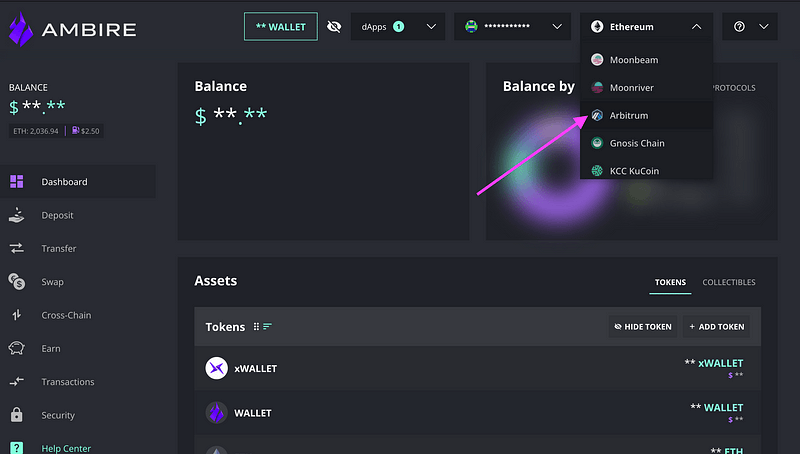 A screenshot of the Ambire Wallet network picker and an arrow pointing at Arbitrum