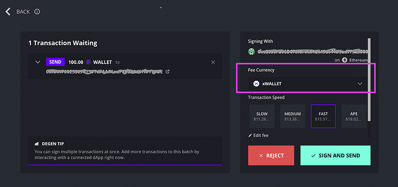 The Transaction page in Ambire Wallet with xWALLET selected for payment token