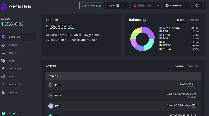 A screenshot of the Ambire Wallet dashboard