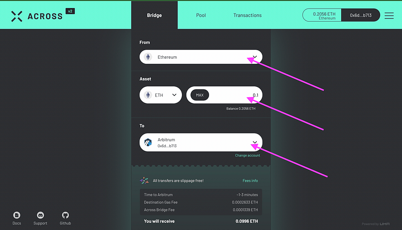 A screenshot showing the Ethereum to Arbitrum bridge on Across Protocol