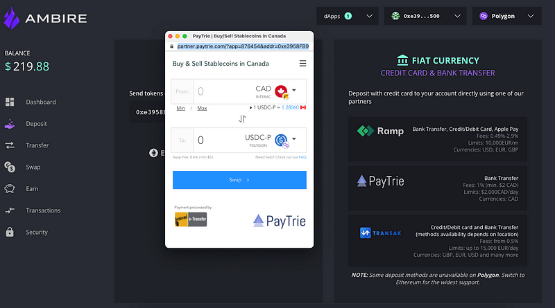 A screenshot of the PayTrie crypto on/off-ramp in Ambire Wallet