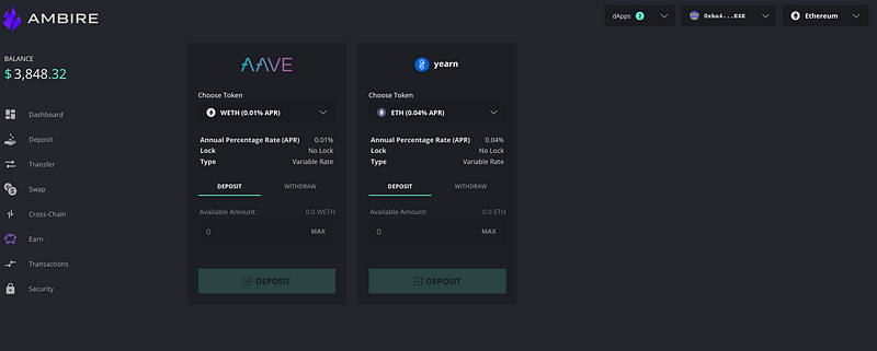 The Earn page in Ambire Wallet with the available yield platforms on the Ethereum network