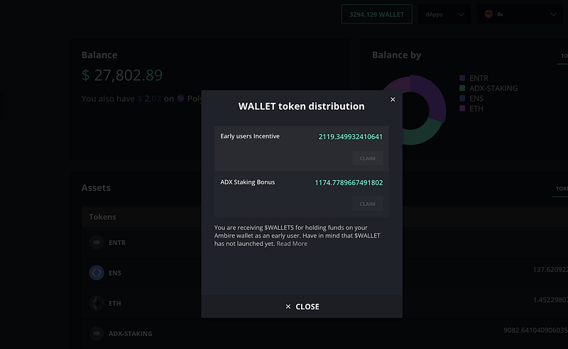 WALLET token distribution modal in Ambire Wallet