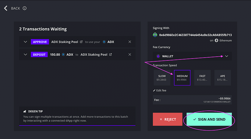 The Transaction page of Ambire Wallet with transaction speed and fee currency options highlighted