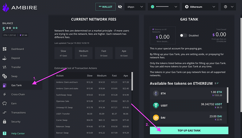 A screen showing how to top up the Gas Tank in the Ambire Wallet