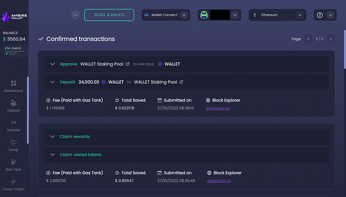 A screenshot of the confirmed transactions page in the Ambire Wallet