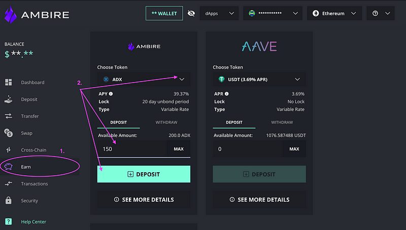 A screenshot showing how to stake ADX tokens in the Ambire Wallet