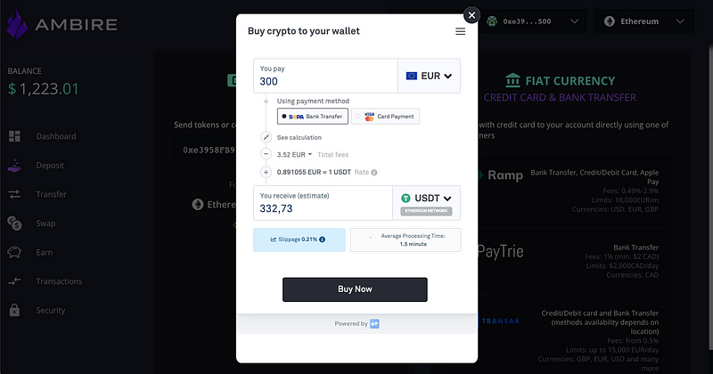 A screenshot of Transak crypto on/off-ramp in Ambire Wallet