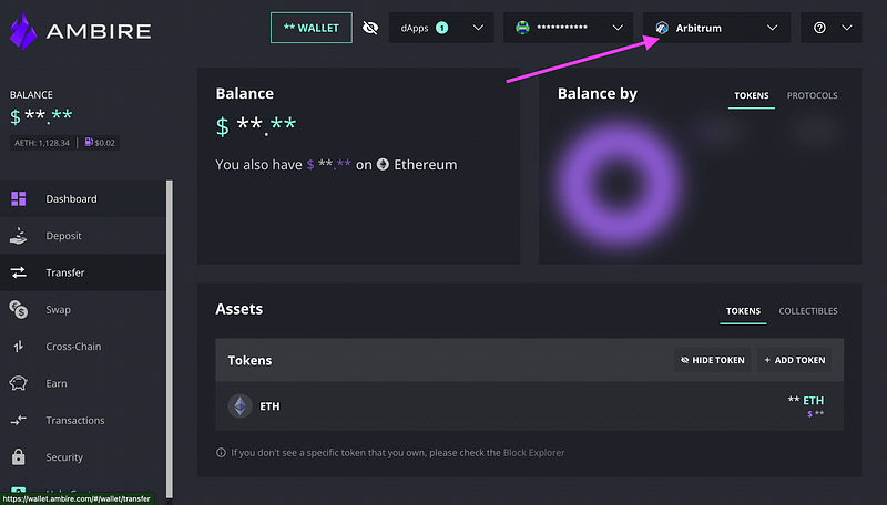 A screenshot of the Ambire Wallet dashboard and an arrow pointing to the network picker and Arbitrum preselected