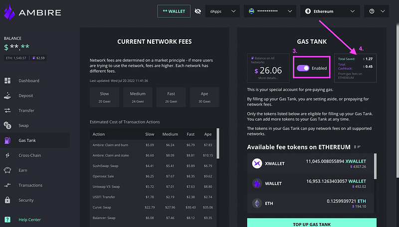 A screenshot of the Gas Tank feature enabled in Ambire Wallet