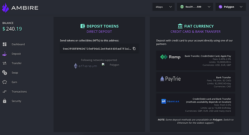 A screenshot of the Deposit page in Ambire Wallet