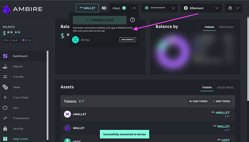 Ambire Wallet with Across dApp connected