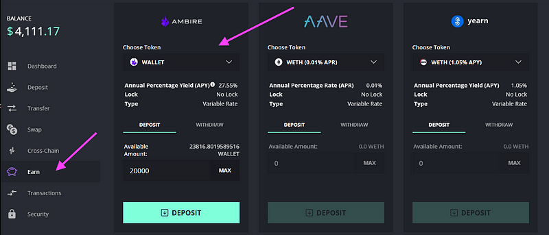 The Earn page in Ambire Wallet showing how to stake the WALLET token